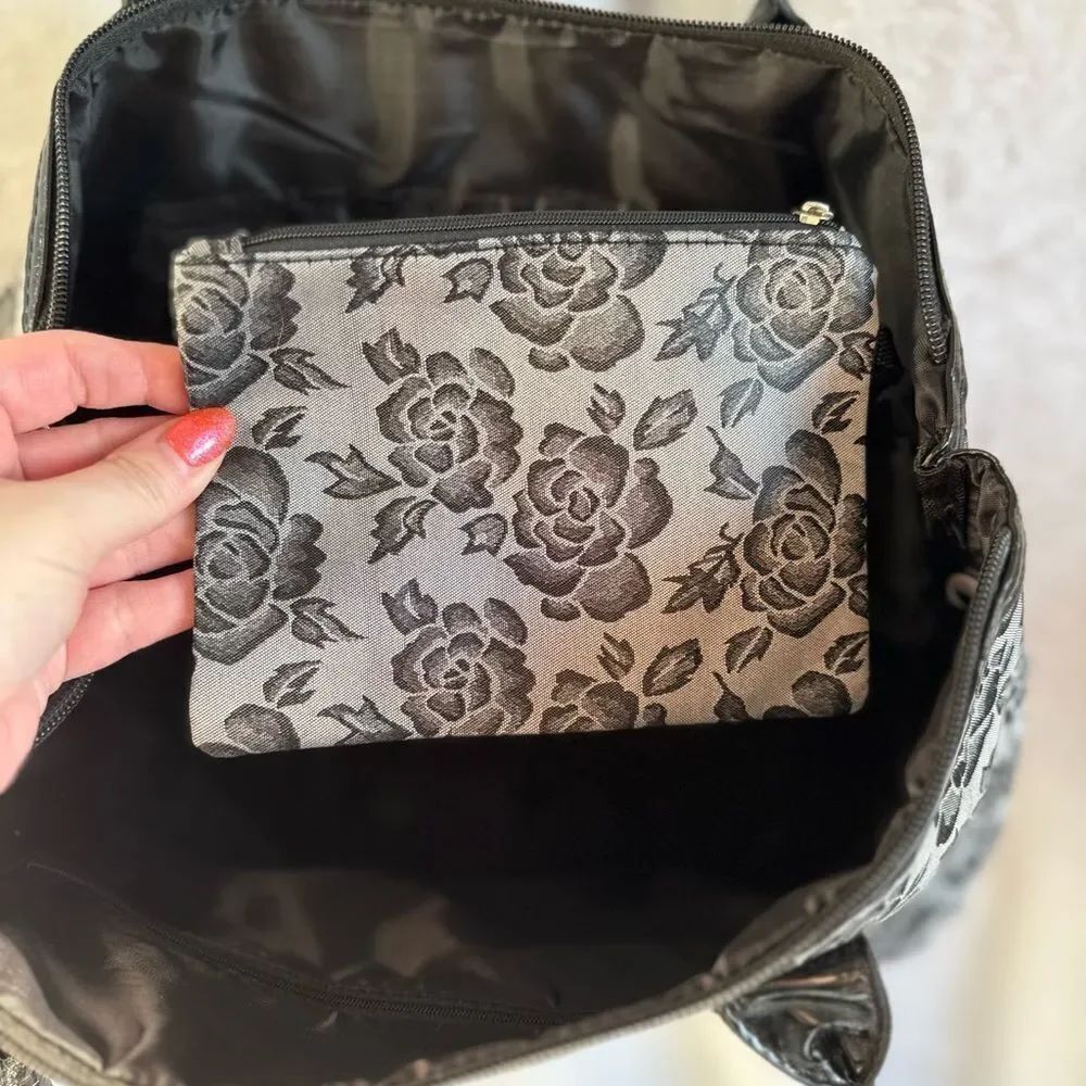Floral Black and Gray Tote Bag with Detachable Pouch - Picture 3 of 7